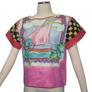 Vintage 80s Hand Painted Top Blouse Art to Wear Tropical Cotton M L